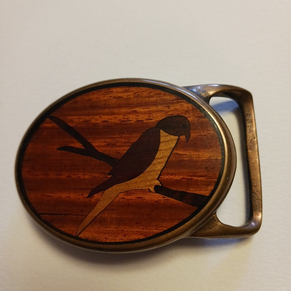 VTG Solid Brass Belt Buckle Hawk On Branch Marquetry Wood Inlay 70s Hippie